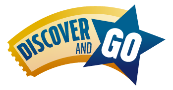 A logo with the text "DISCOVER AND GO" featuring a star and dynamic shapes in yellow and blue.