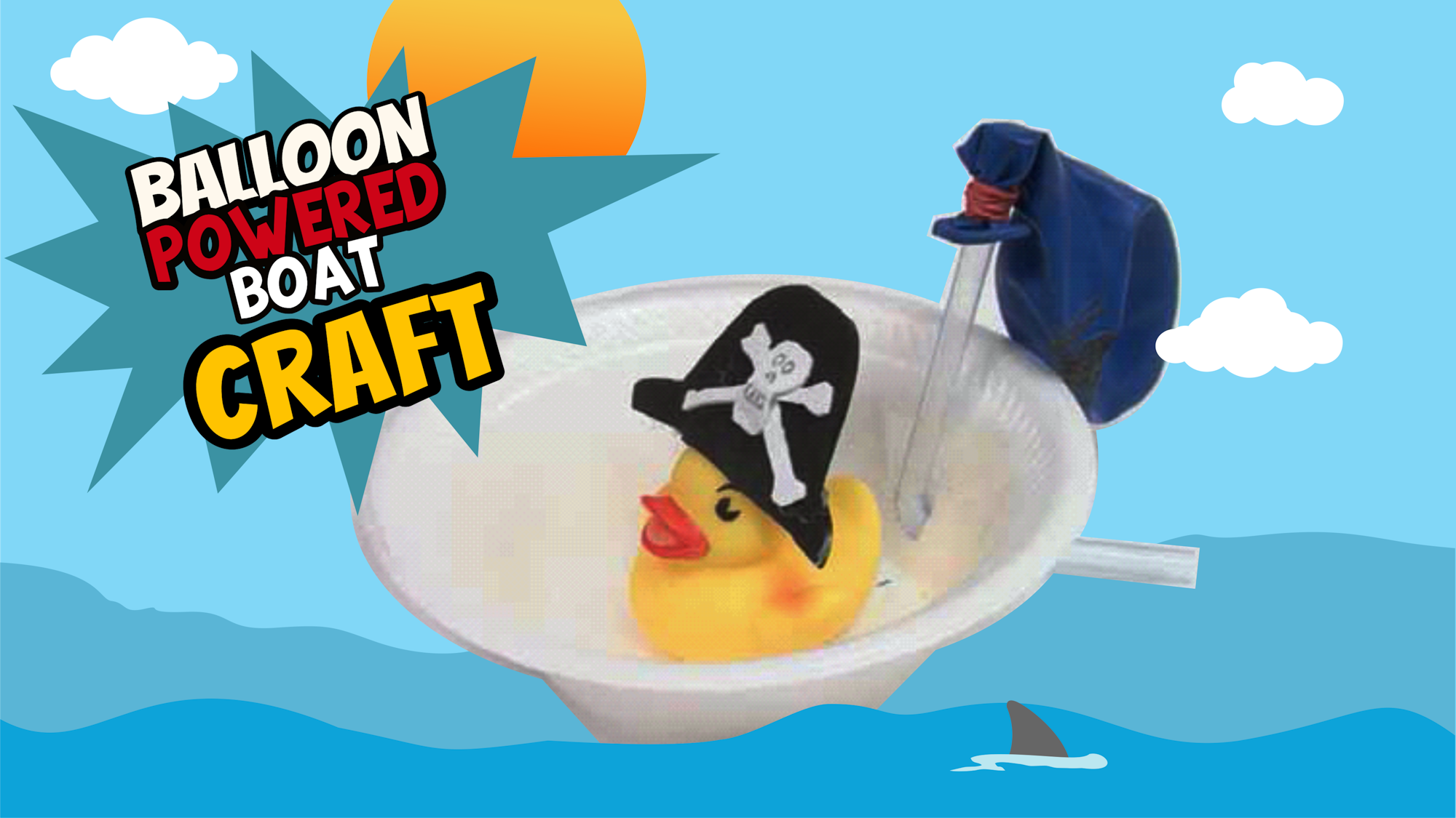 A rubber duck with a pirate hat riding a DIY balloon-powered boat craft, with a playful graphic background.