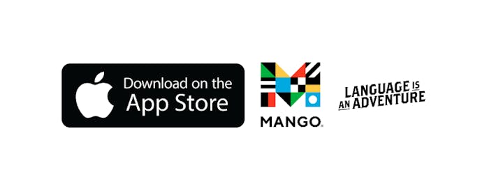 Apple App Store and Mango Languages logos with slogans "Download on the App Store" and "Language is an adventure."