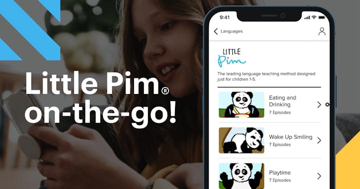 Ad for a kids' language teaching app featuring a girl using a smartphone and the app interface with a panda mascot.