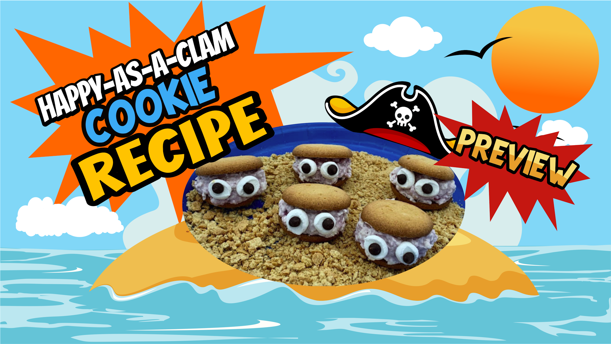 Clam-shaped cookies on a beach-themed background with a "Happy-as-a-Clam Cookie Recipe" title and "Preview" burst graphic.