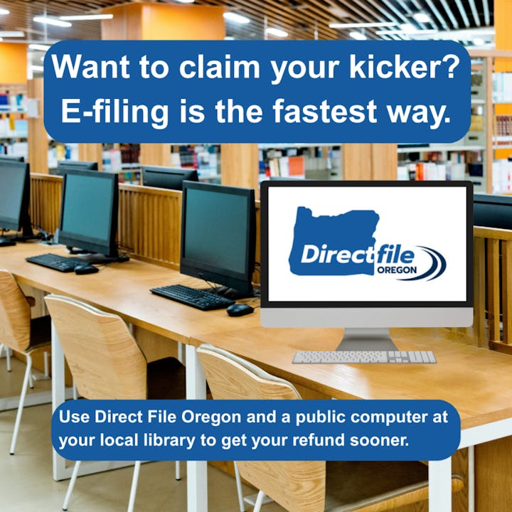 The image promotes using Direct File Oregon for fast e-filing at local libraries to claim your tax refund.