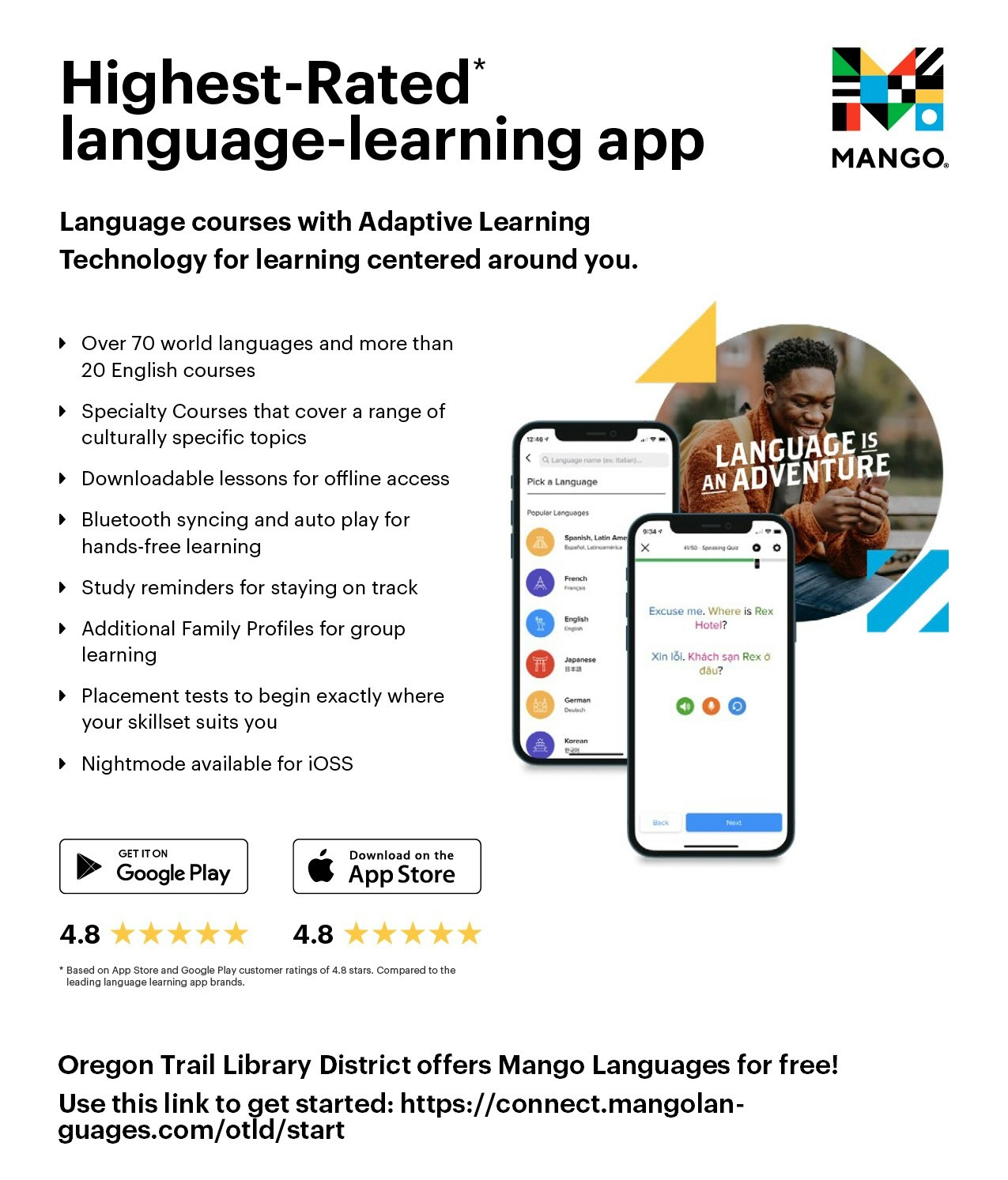 An advertisement for Mango, a language-learning app, listing features like over 70 languages, adaptive learning technology, and offline lessons.
