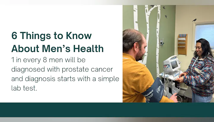 Text on men's health: 1 in 8 men get prostate cancer, starting with a lab test; image of a healthcare setting.