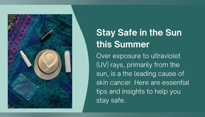 Sun safety tips with items like a hat and sunscreen on a colorful mat.