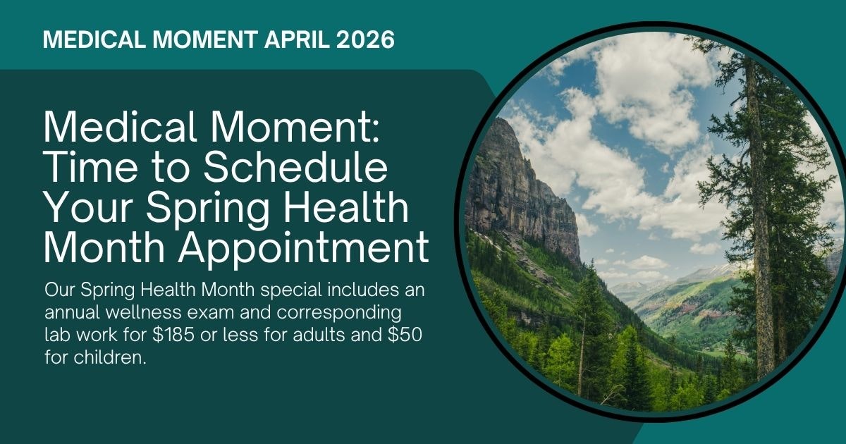 The image promotes a Spring Health Month special for wellness exams: $185 for adults, $50 for children.