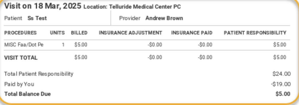 Medical bill for $5.00 due on 18 Mar 2025, with previous payment of $19.00, location at Telluride Medical Center PC.