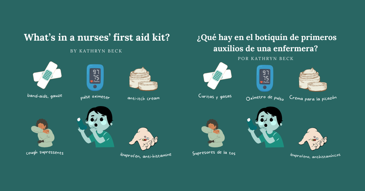Nurses' first aid kit contents: band-aids, gauze, pulse oximeter, anti-itch cream, cough suppressants, ibuprofen, antihistamines.