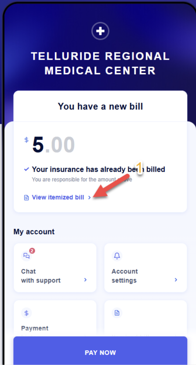 Medical bill notification from Telluride Regional Medical Center, amount due $5.00, with options for support, settings, payment.