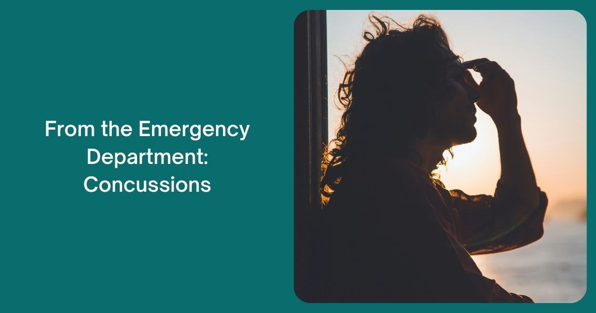 An image featuring a silhouette of a person against a sunset, with text about concussions from the Emergency Department.