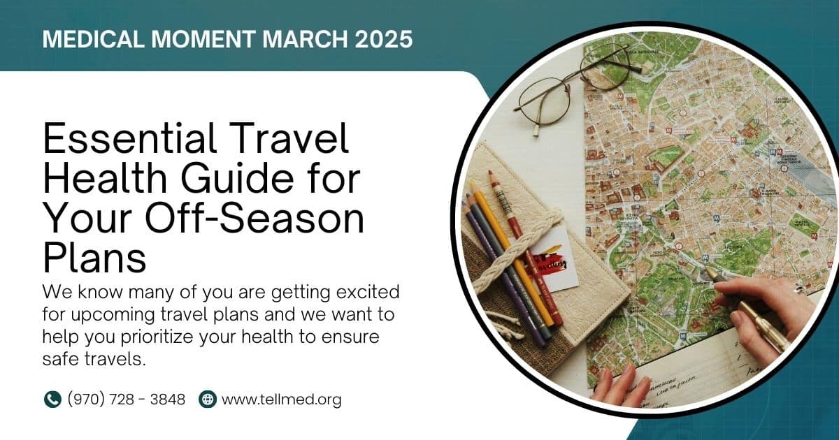 Travel health guide for off-season plans, featuring a map, glasses, and pencils.