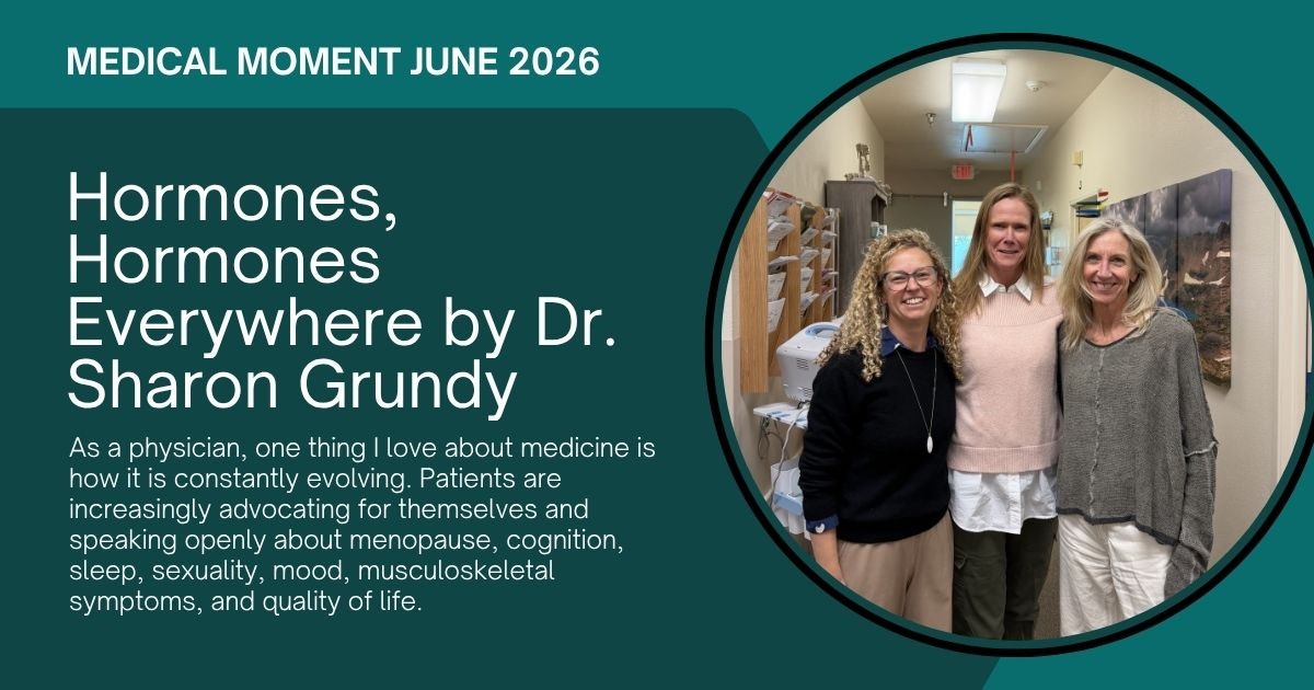 The image features a medical moment discussing hormones and patient advocacy by Dr. Sharon Grundy in June 2026.