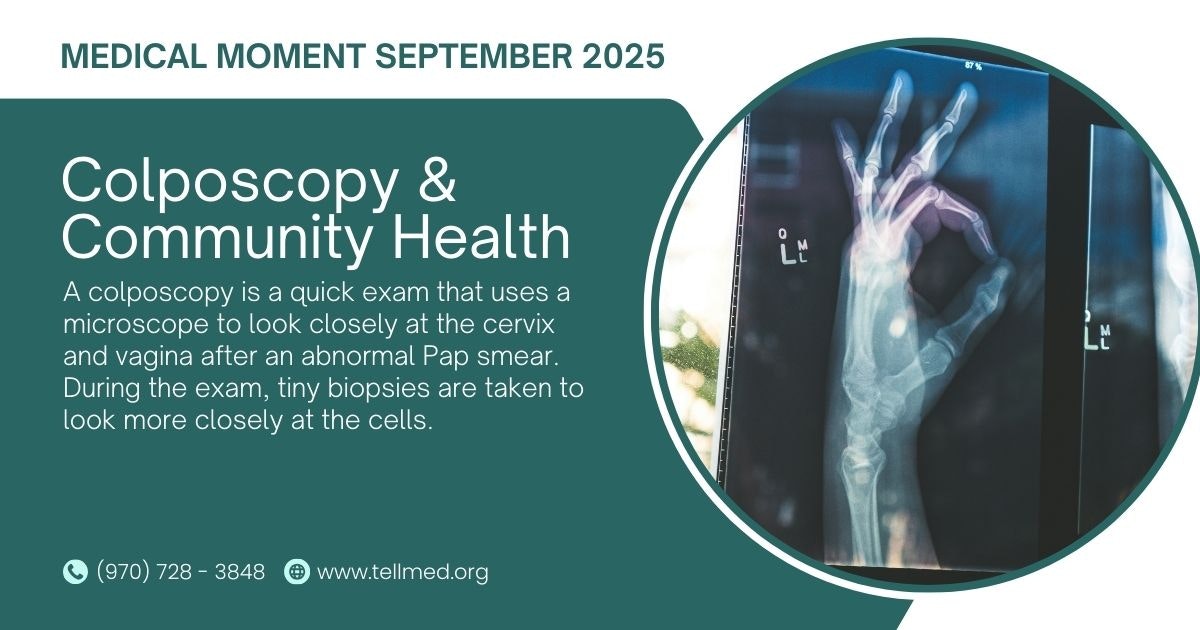 Medical Moment ad about colposcopy, an exam for checking cervical health, with an image of an X-ray hand.