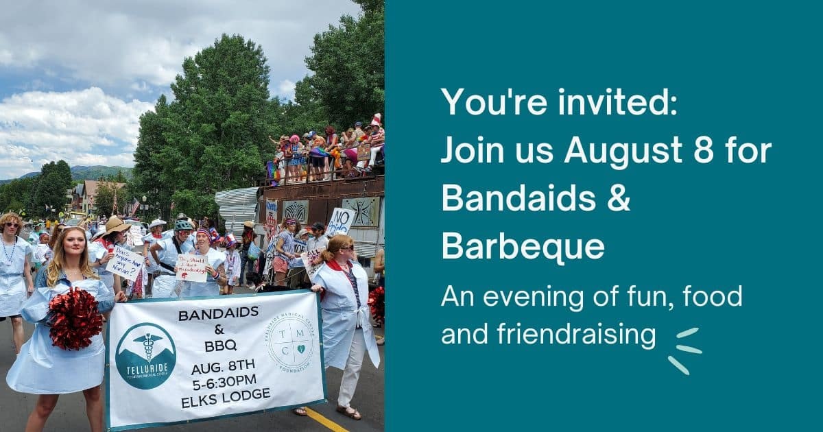 Parade and invitation for "Bandaids & BBQ" on Aug 8, 5-6:30 PM at Elks Lodge. An evening of fun, food, and friendraising.