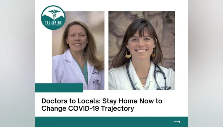 Two doctors with a message: "Stay Home Now to Change COVID-19 Trajectory."