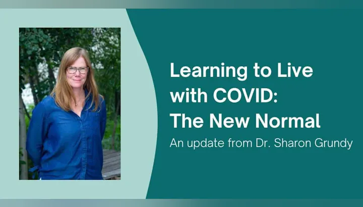 A person in a blue shirt stands beside text about COVID-19, titled "Learning to Live with COVID: The New Normal."