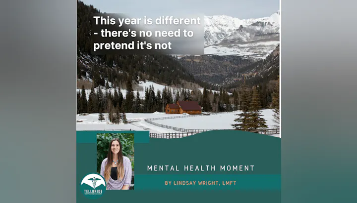 Snowy mountain landscape with a cabin, and text about acknowledging change by Lindsay Wright, LMFT.