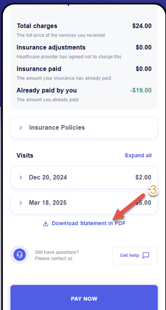 Insurance bill summary with total charges, dates of visits, PDF download link, and a "Pay Now" button.