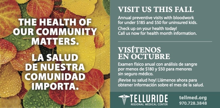 Community health promotion ad offering affordable checkups and bloodwork, in English and Spanish, from Telluride Regional Medical Center.