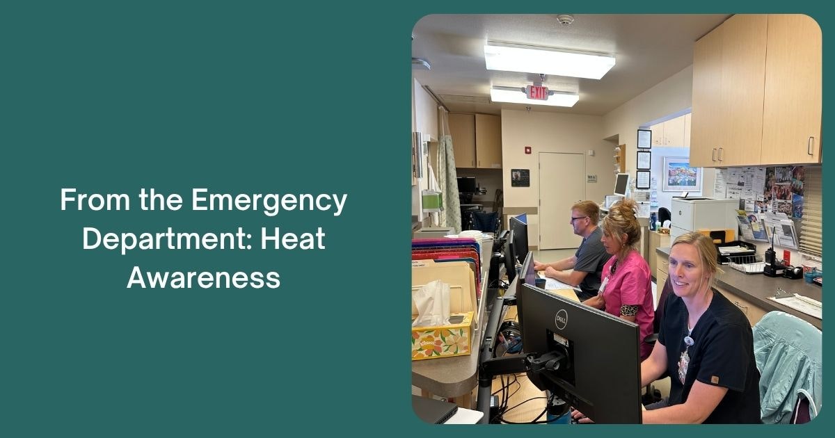 Text on heat awareness with an image of healthcare workers at computers in a medical setting.