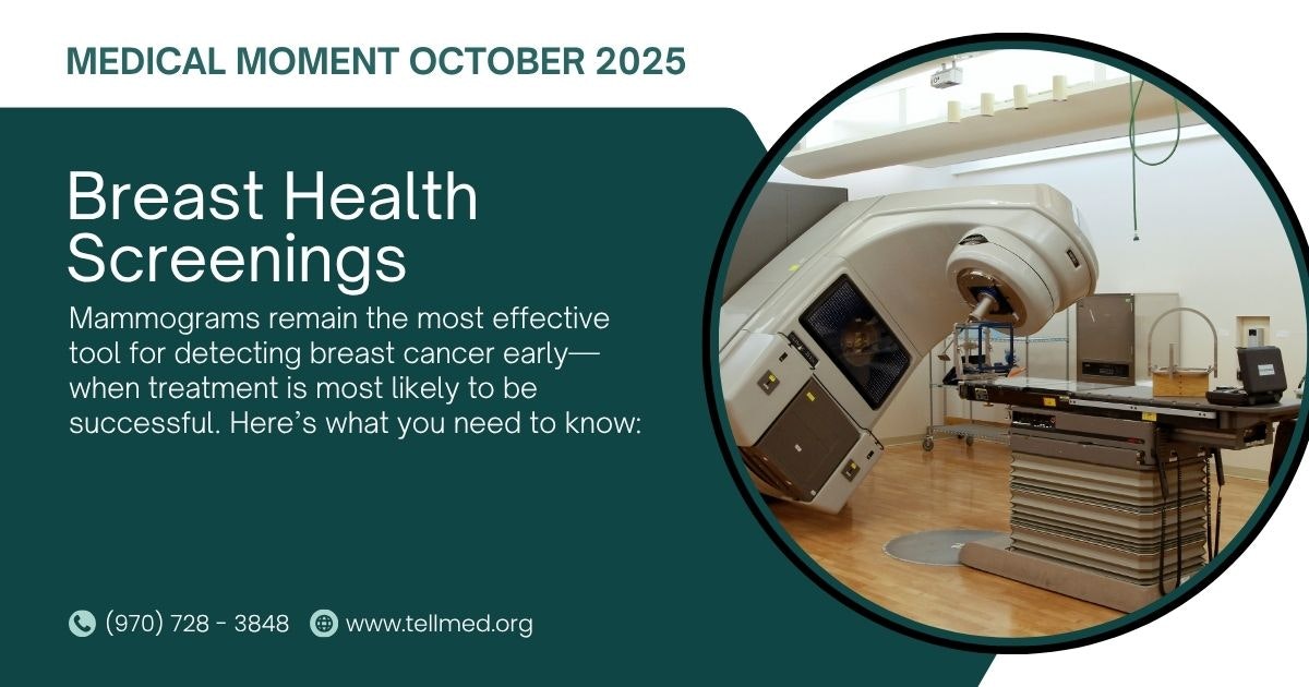 Breast health screenings info with a mammography machine. Highlights early breast cancer detection via mammograms. Contact and website included.