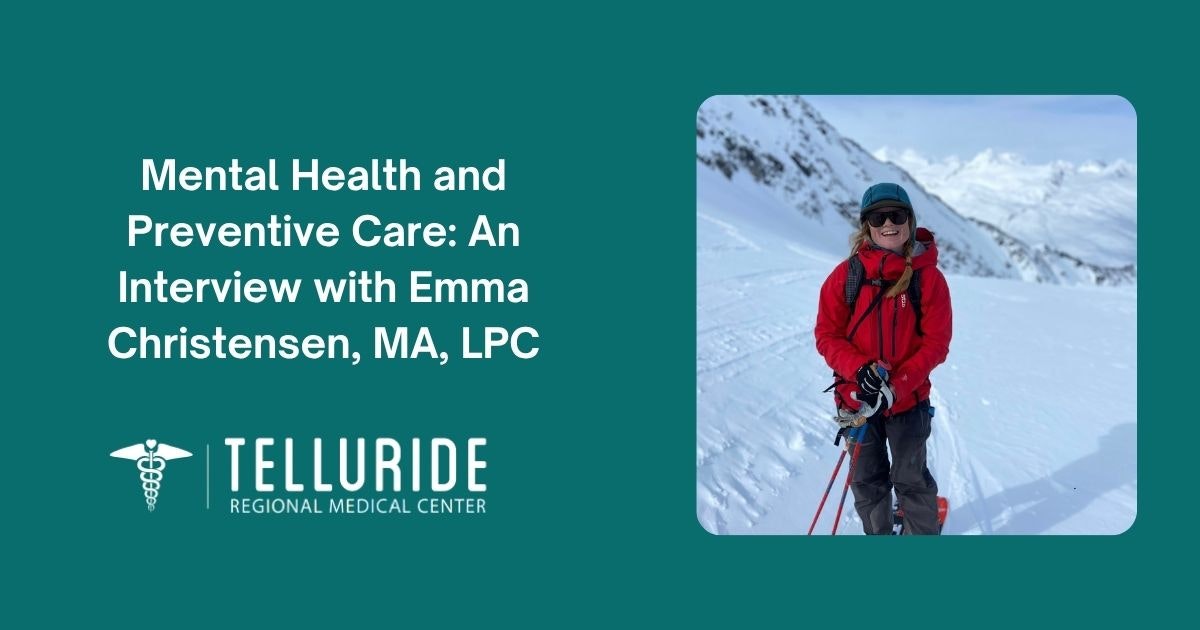 The image features an interview about mental health and preventive care, highlighting Emma Christensen, MA, LPC.