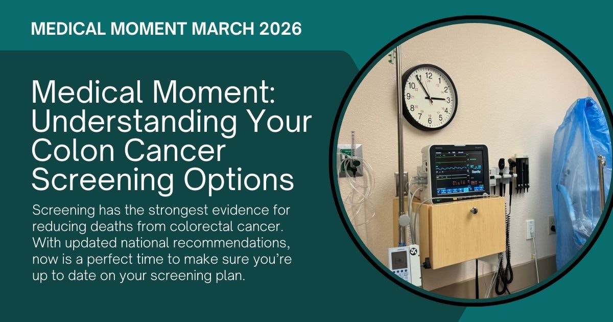 A healthcare graphic discussing colon cancer screening options and the importance of staying updated on screening plans.
