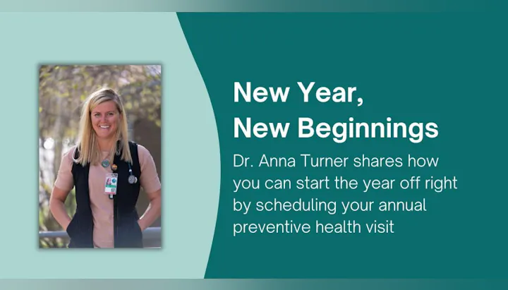 A doctor promotes scheduling annual preventive health visits for new beginnings.