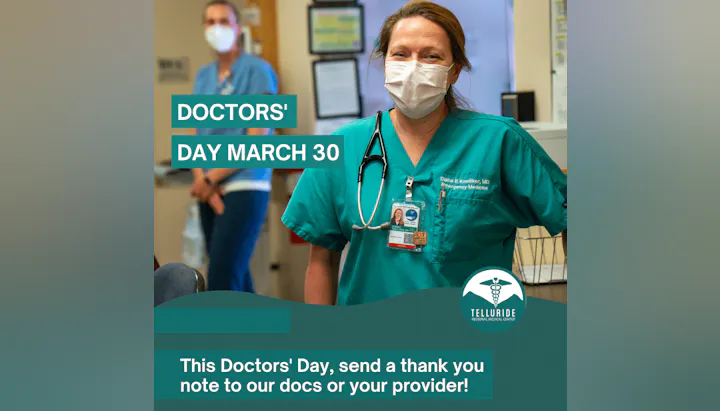 Doctors in masks, celebrating Doctors' Day on March 30. Message encourages thanking doctors.