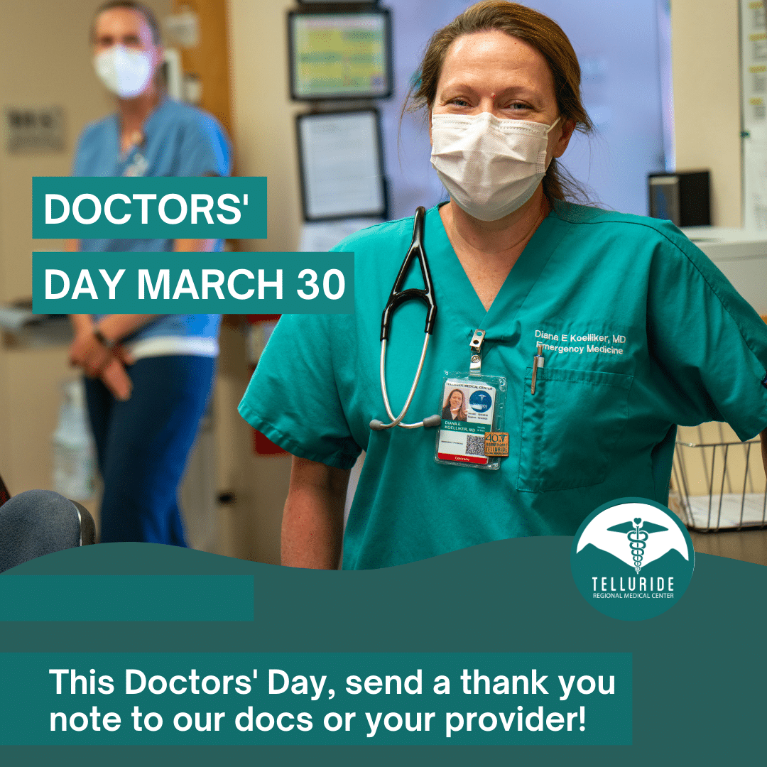 Doctors in masks, celebrating Doctors' Day on March 30. Message encourages thanking doctors.