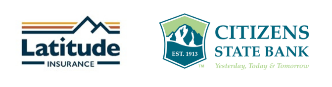 Logos for Latitude Insurance and Citizens State Bank, with mountain imagery and establishment date 1913.