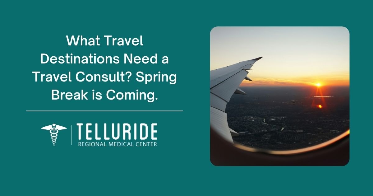 The image promotes travel consultations for spring break, featuring a scenic view from an airplane window.