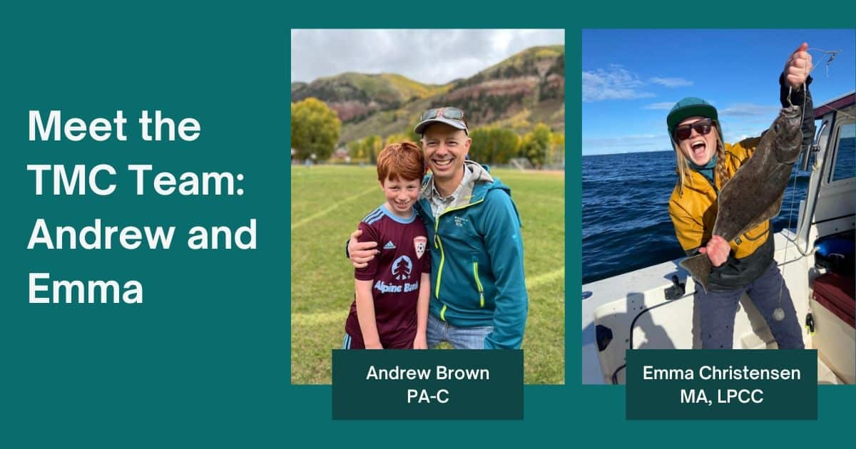 "Meet the TMC Team: Andrew Brown (PA-C) with a child, and Emma Christensen (MA, LPCC) holding a fish on a boat."