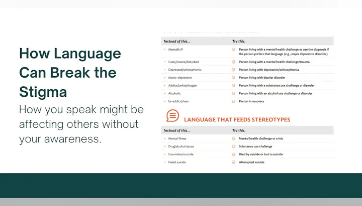 Text suggests using non-stigmatizing language for mental health challenges, offering alternatives to phrases that feed stereotypes.