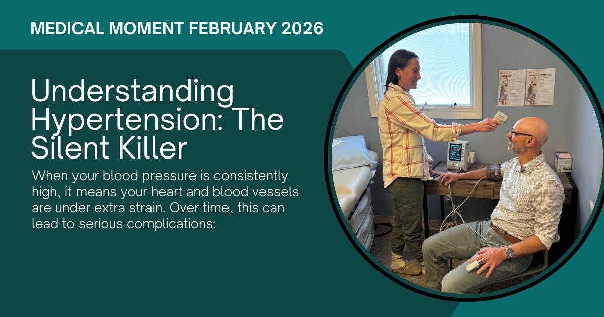 Image discusses hypertension as a "silent killer," explaining its dangers and potential complications while showing a patient being examined.