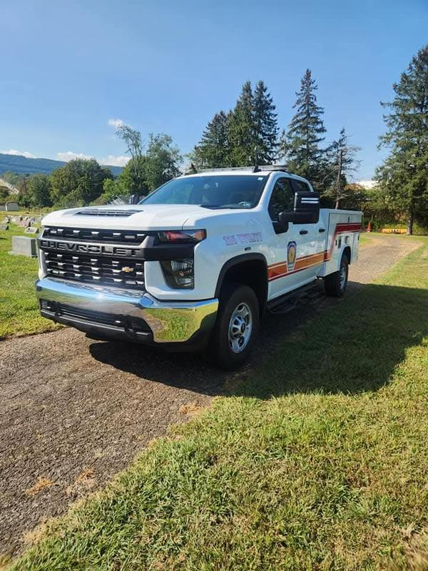 A white Chevrolet utility truck parked on a grassy path, with trees and a blue sky in the background.