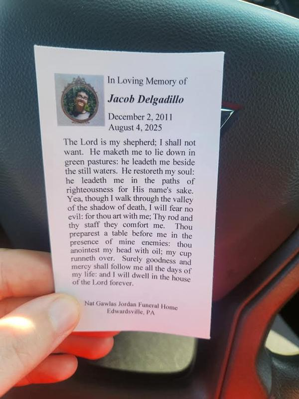 Memorial card for Jacob Delgadillo with Psalm 23 and funeral home info from Edwardsville, PA.