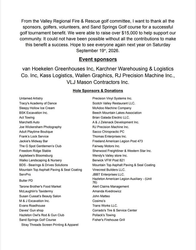 Event sponsors and donors listed for a golf benefit raising over $15,000 for the community, happening again September 19, 2026.