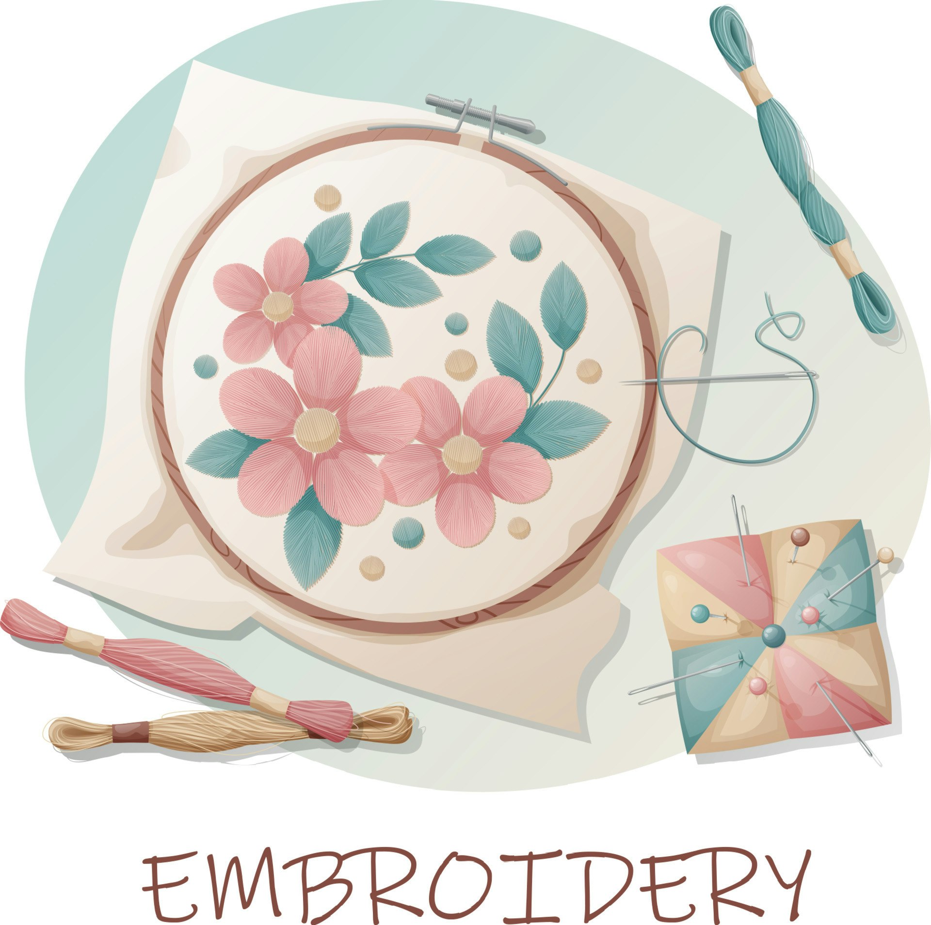 An illustration of embroidery materials, including a hoop with floral design, threads, needles, and a pincushion.