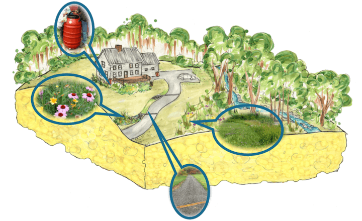 Landscape illustration showing a house, trees, flowers, and a winding road with magnified insets of a rain barrel, flowers, grass, and road.