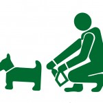 A person picking up after a dog using a bag, depicted in green icons.