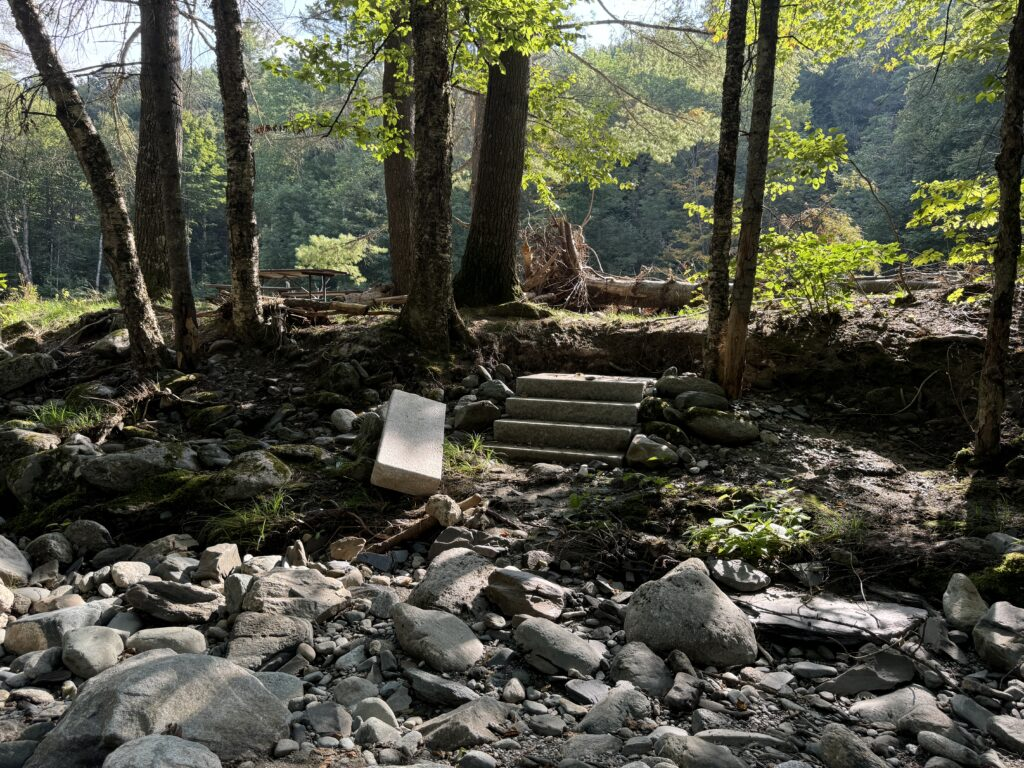 Forest scene with rocks, trees, and steps leading upward. A tilted concrete block is in the foreground.