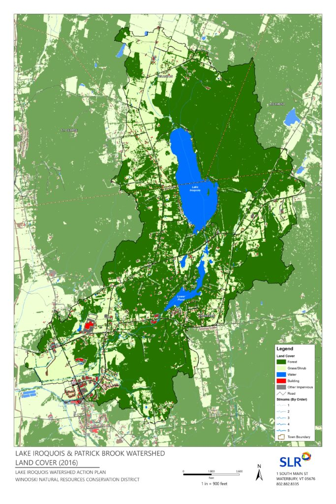 Map of Lake Iroquois & Patrick Brook watershed showing land cover: forest, grass/shrub, water, and buildings.
