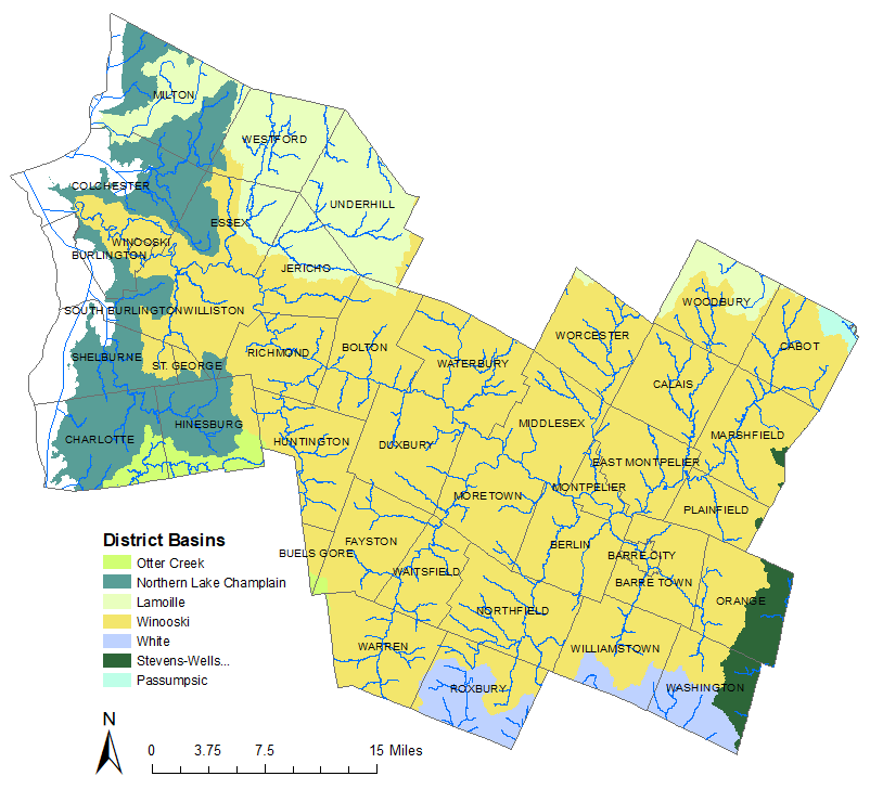 Map showing district basins in Vermont, highlighting watersheds like Winooski, Lamoille, and Otter Creek, with color-coded regions.