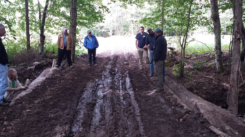 A group of people standing on a muddy path in a forest, with trees and a wooden edge visible.