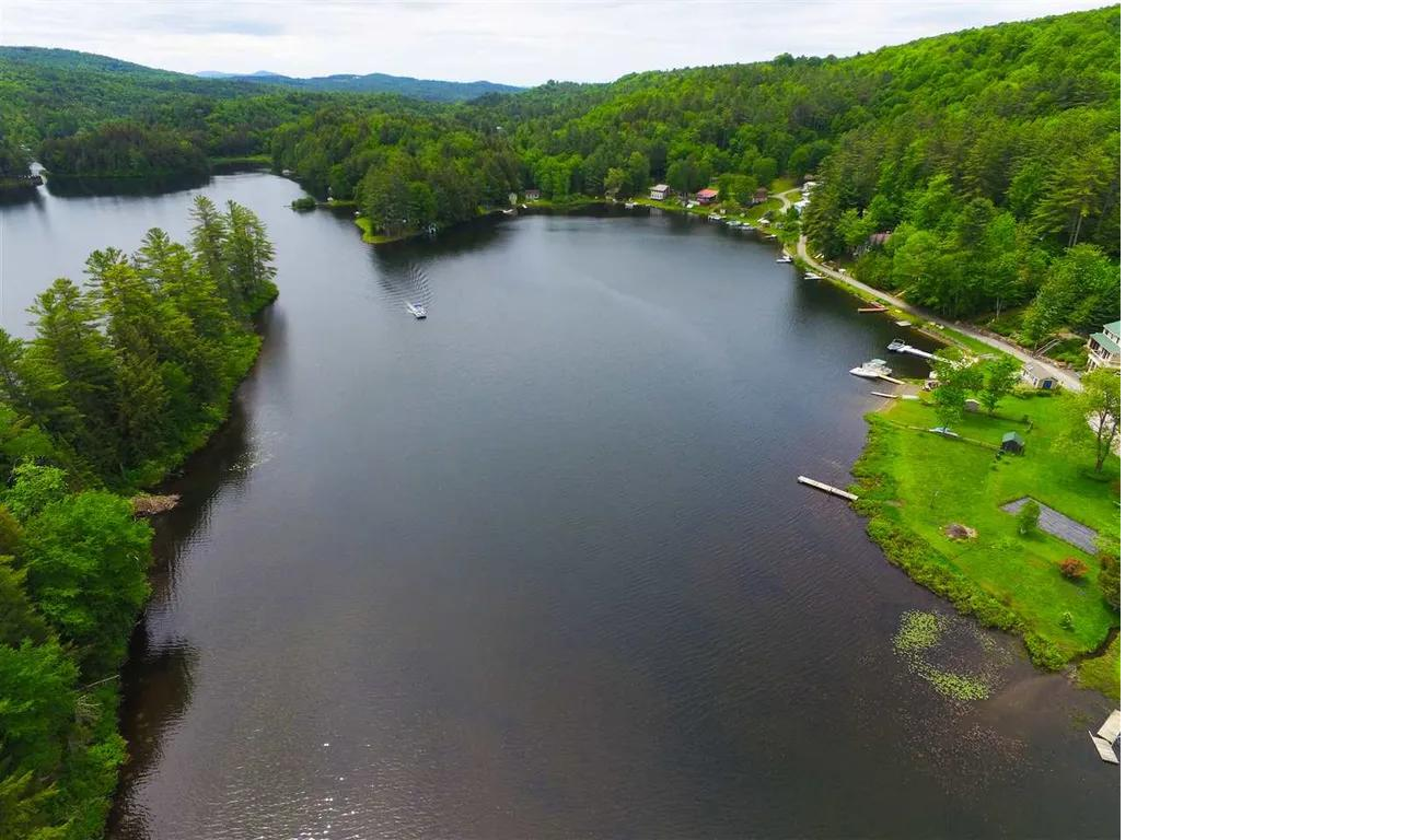 Aerial view of a lake surrounded by lush green forests and houses along the shoreline.