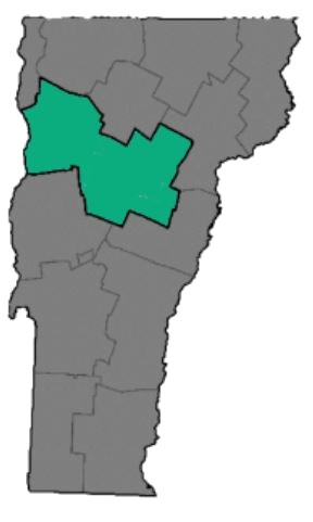 A map highlighting a specific region in green within the state of Vermont.