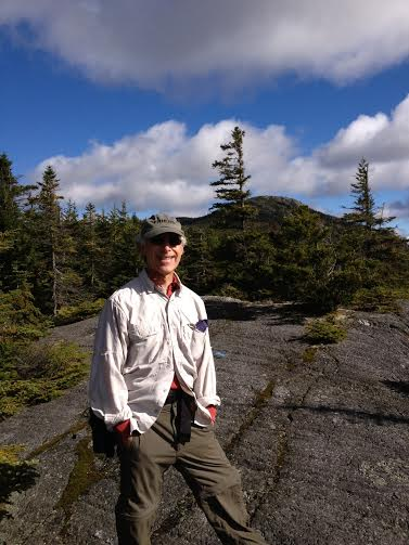 A person is standing on a rocky surface with trees and blue sky in the background.