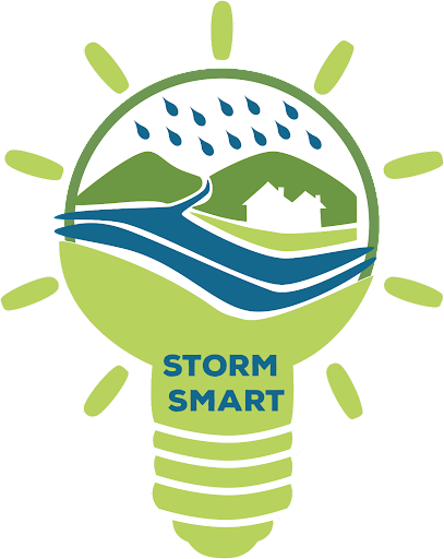 Light bulb shape with landscape, river, rain, house, hills, and text "Storm Smart."