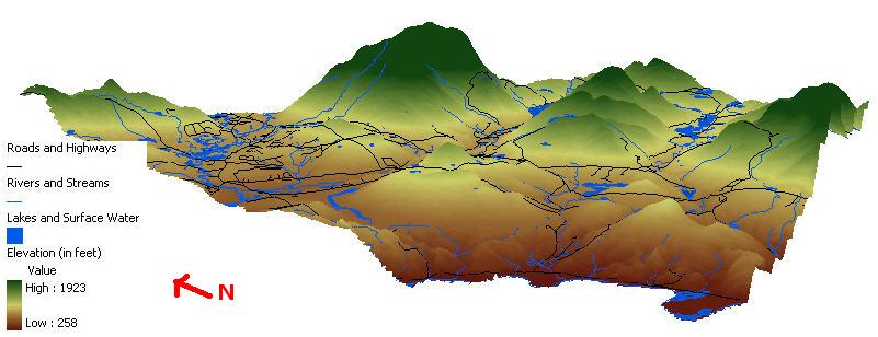3D terrain map with elevation, roads, rivers, and lakes. North arrow included. Elevation ranges from 258 to 1923 feet.